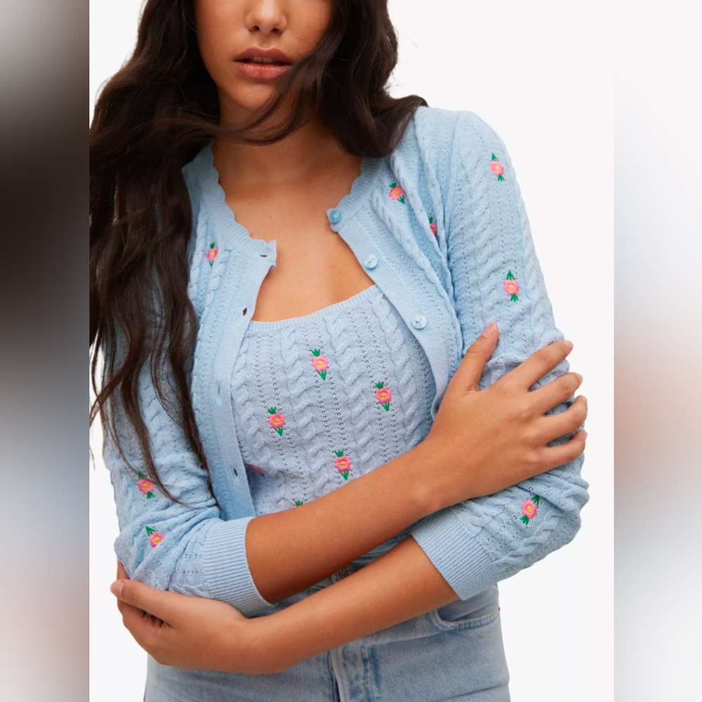 MANGO Floral Embroidered Cable Knit Cardigan Sweater - Cropped
